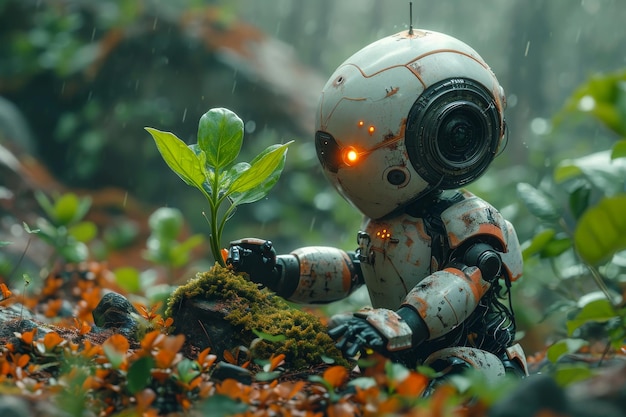 Cyborg and plant in forest A robot looking at the green sprout