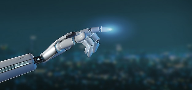 Cyborg robot hand on city 3d rendering