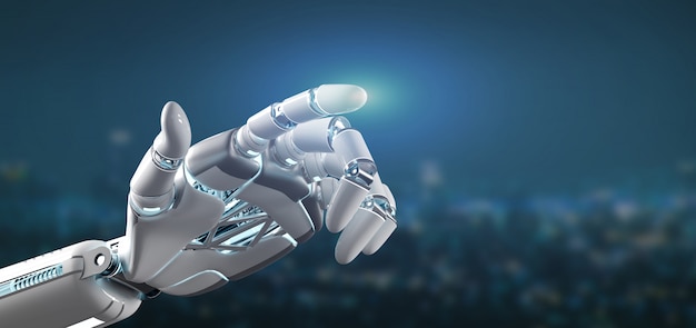 Cyborg robot hand on a city background 3d rendering