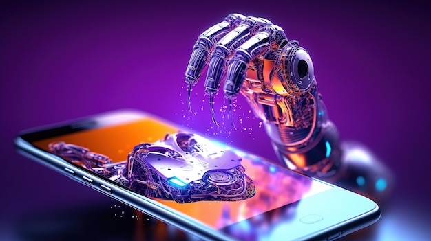 Cyborg robot hand holding modern smartphone Generative AI