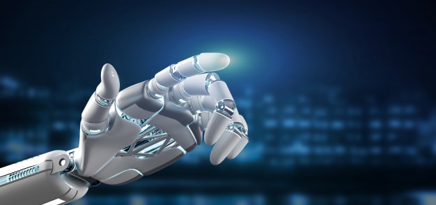 Photo cyborg robot hand oncity 3d rendering