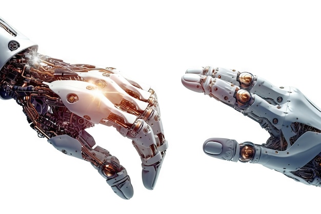 Cyborg robot hand wijst iets technologie van kunstmatige intelligentie big data learning