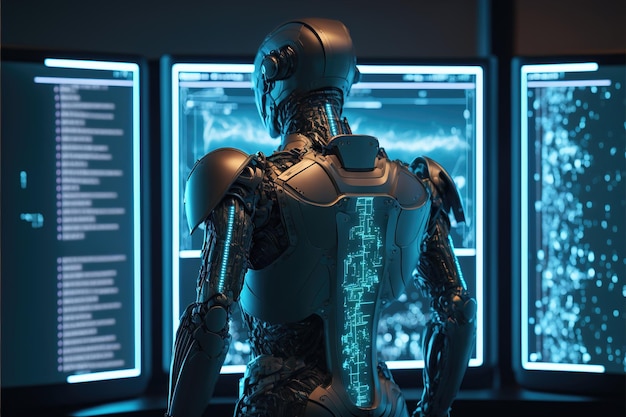 Cyborg-robot kijkt vanaf de achterkant naar het bedieningspaneel van het beveiligingssysteem Digitale toekomstige monitoring van informatie op een holografisch computerscherm 3d illustratie