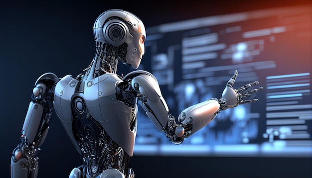 Cyborg Robot staat achterover en tikt met zijn hand op het scherm Robotic procesautomatisering data-analyse Generatieve AI