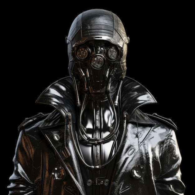 Cyborg robot wearing a future punk mask leather coat and helmet