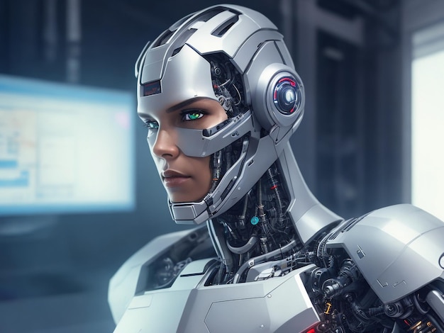 Робот-киборг с компьютером на стороне персонажа