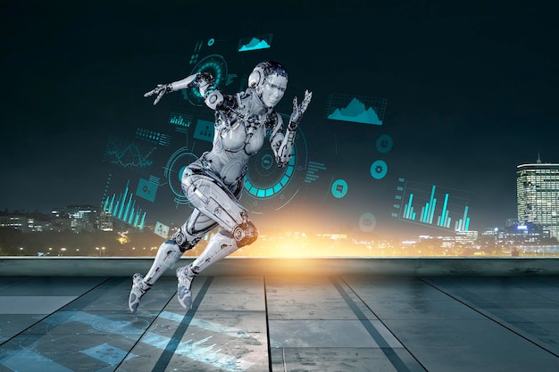 cyborg shining silver woman running fast. mixed media