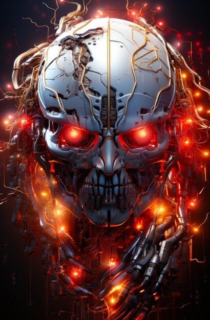 The cyborg skull is surrounded by red fire and sparks