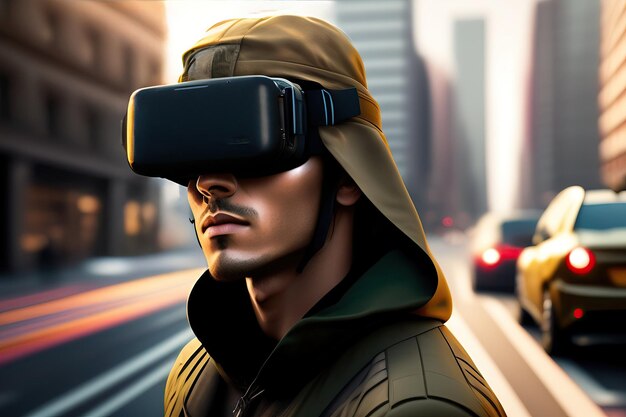 Cyborg-soldaat met virtual reality-hoofdtelefoonkap op het hoofd in de straat 3d illustratie