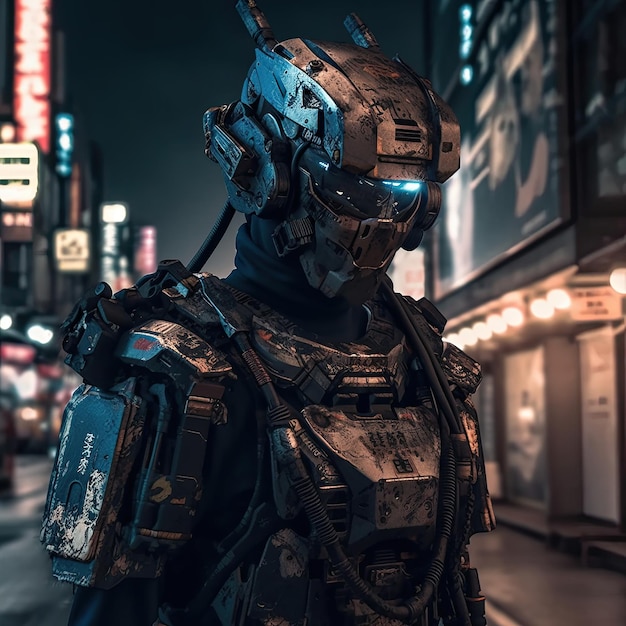 Cyborg soldier in the city at night