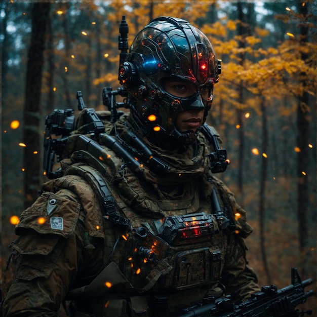 A cyborg soldier fighting in a warzone trail cam footage