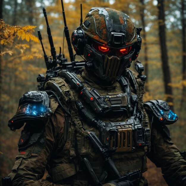 A cyborg soldier fighting in a warzone trail cam footage