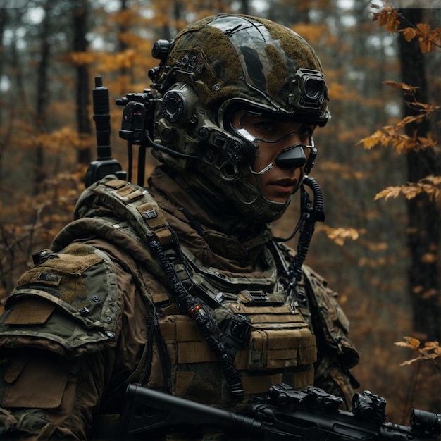 A cyborg soldier fighting in a warzone trail cam footage