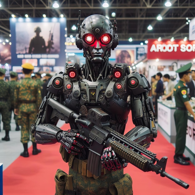 A cyborg soldier inside an army fair Future soldier concept