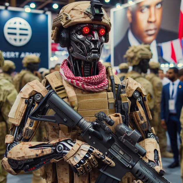 A cyborg soldier standing in an army fair Future soldier concept