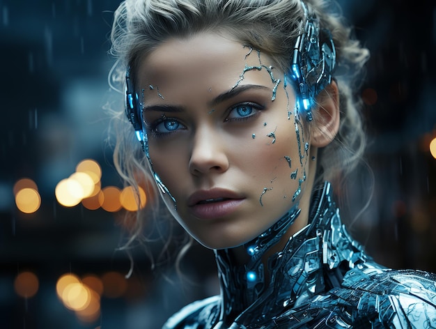 Cyborg vrouw op de achtergrond van een nachtelijke stad.