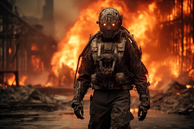 사이보그는 포스트 묵시록 생성 AI에서 화재 배경 군사 로봇 위를 걷는다 사이버 군인이 있는 미래의 장면 전쟁 기술 미래 유토피아 위협 개념