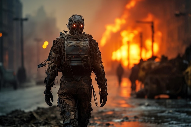 Cyborg walks on fire background military robot at post apocalypse generative AI Futuristic scene with cyber soldier Concept of war technology future utopia threat