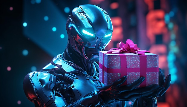 Cyborg with cyber monday gifts in neon light