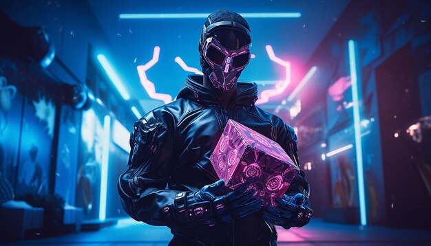 Cyborg with cyber monday gifts in neon light