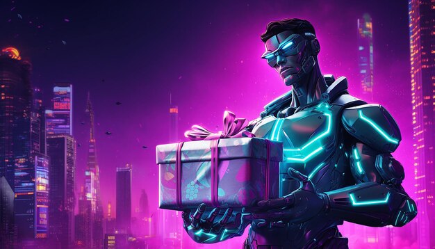 Cyborg with cyber monday gifts in neon light