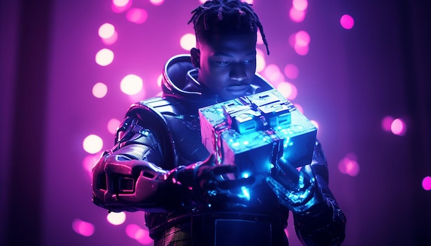 Cyborg with Cyber Monday gifts in neon light