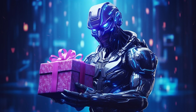 Cyborg with Cyber Monday gifts in neon light