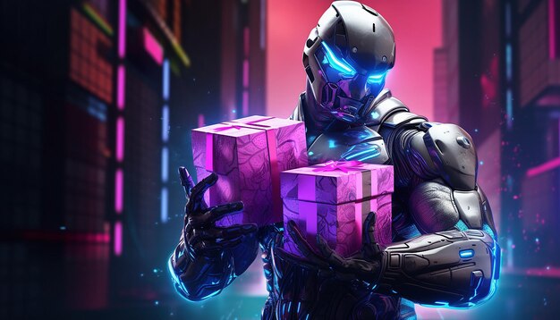 Cyborg with Cyber Monday gifts in neon light
