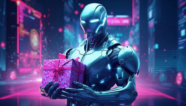 Cyborg with Cyber Monday gifts in neon light