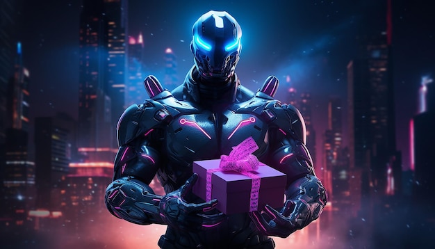 Cyborg with Cyber Monday gifts in neon light