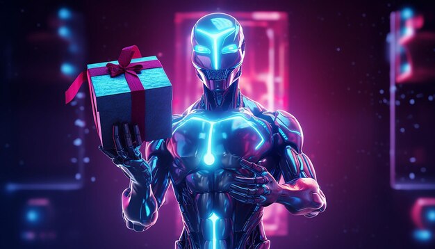 Cyborg with Cyber Monday gifts in neon light