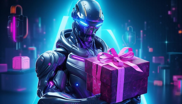 Cyborg with Cyber Monday gifts in neon light