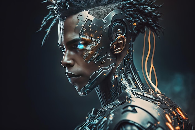 A cyborg with digital technology integrated into their human body The cyborg's metallic limbs and mechanical parts Generative AI