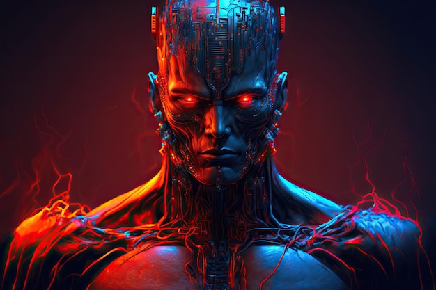 Cyborg with frontal moody 1980s lighting in red orange and blue