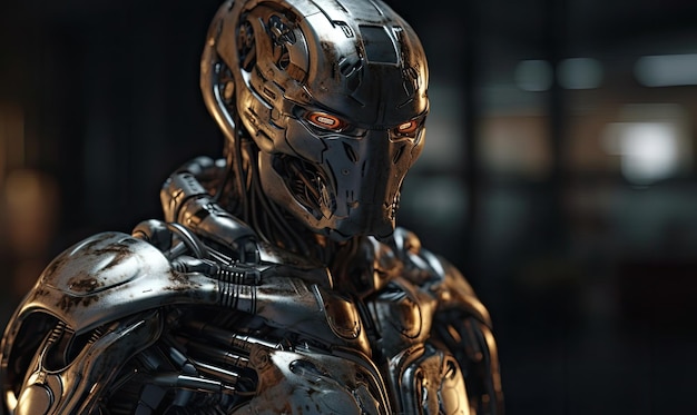 A cyborg with a humanlike body but metallic features Creating using generative AI tools