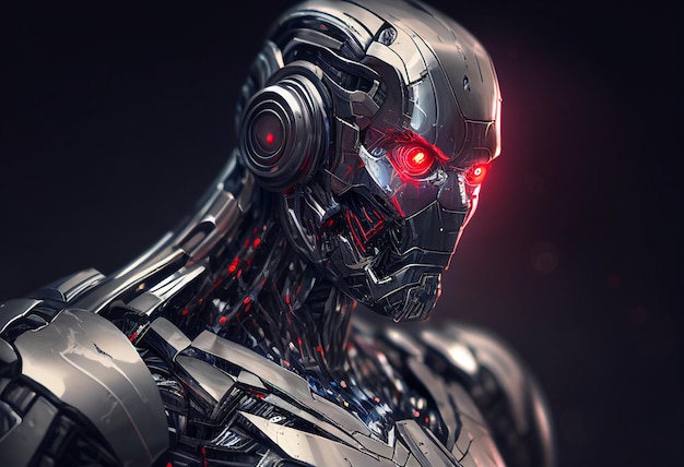 Cyborg with red light on dark background 3D rendering generative ai