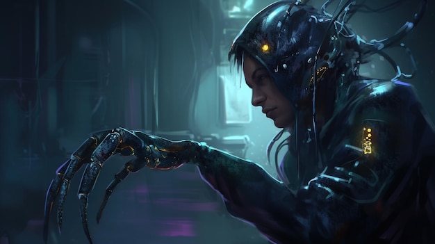 A cyborg with a robotic lobster arm Fantasy concept Illustration painting Generative AI