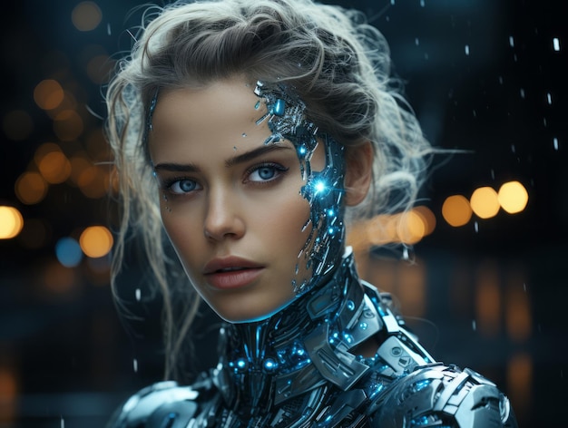 Foto la donna cyborg sullo sfondo di una città notturna.