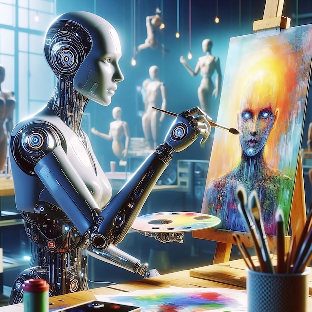 Cyborg woman artwork in art studio Generative Art robot AI replacing artist Concept illustration art