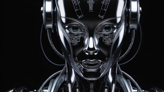 Photo cyborg woman face made of metal on black background