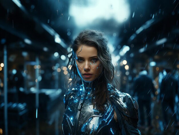 Photo cyborg woman in the rain. against the background of the night city. fantastic. ai generated