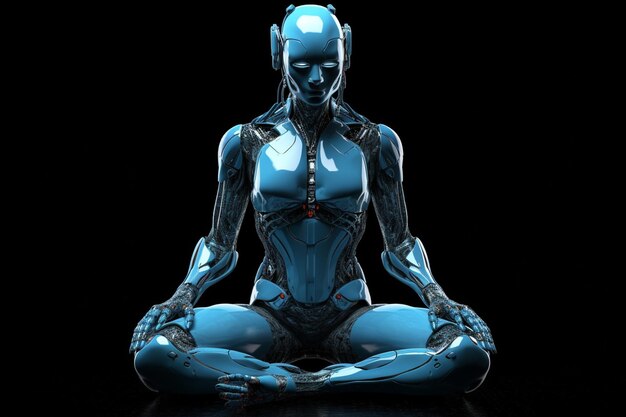 Cyborg woman sitting in lotus pose 3D rendering generative ai