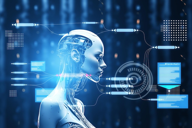Cyborg woman with digital interface on dark blue background Generative AI