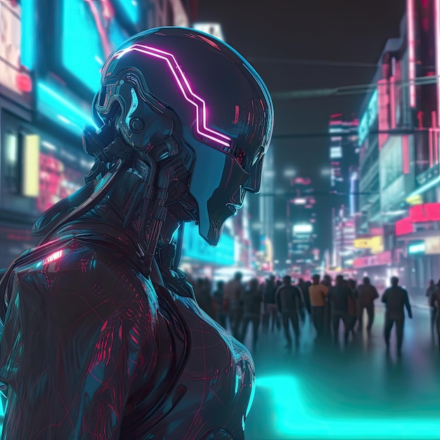 Cyborg woman with glowing neon lights in the city