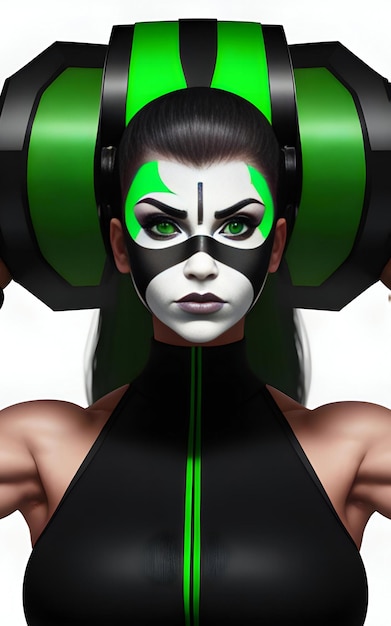 초록색과 검은색 눈 마스크를 입은 사이보그 여성