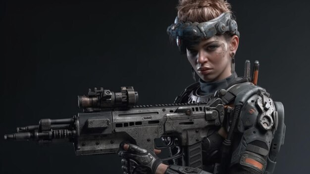 Cyborg woman with a machine gun on a dark backgroundgenerative ai