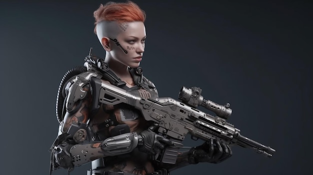 Foto donna cyborg con una mitragliatrice su sfondo scuro ai generativa