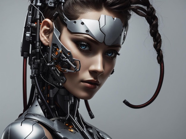 Cyborg woman with machine part of her face Over gray background