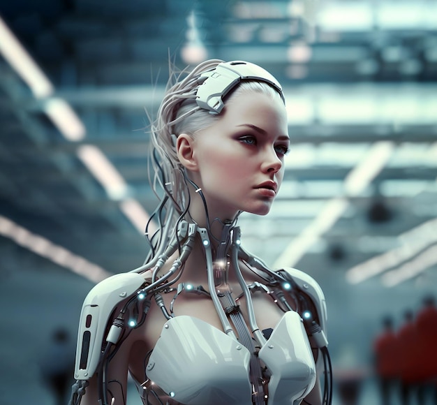 cyborg woman working in futuristic workstation