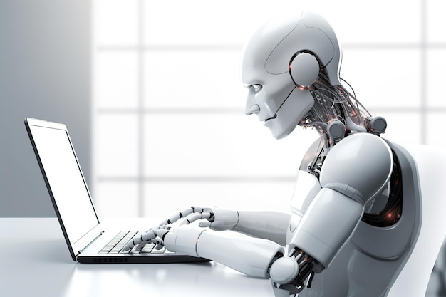 cyborg working on laptop robot network technology